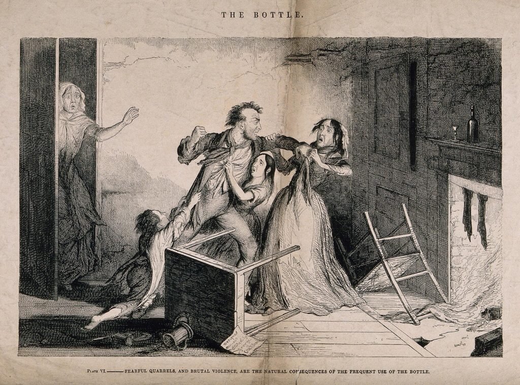 Illustration showing a drunken man in the 19th century attacking his wife