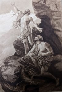 Painting of Prometheus stealing fire from the gods.