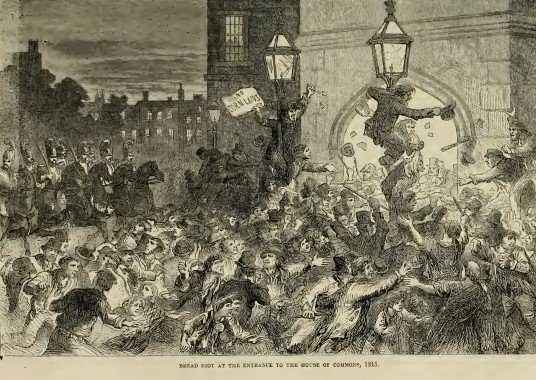 Illustration of bread riots outside Houses of Parliament in 1815
