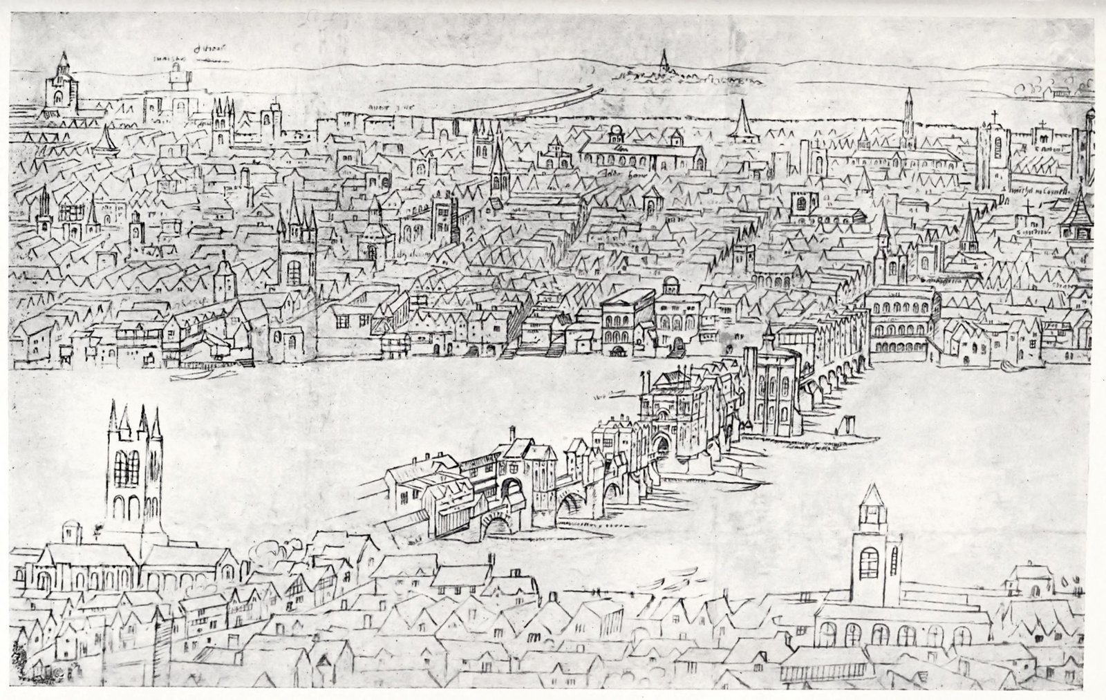 Drawing of medieval London Bridge