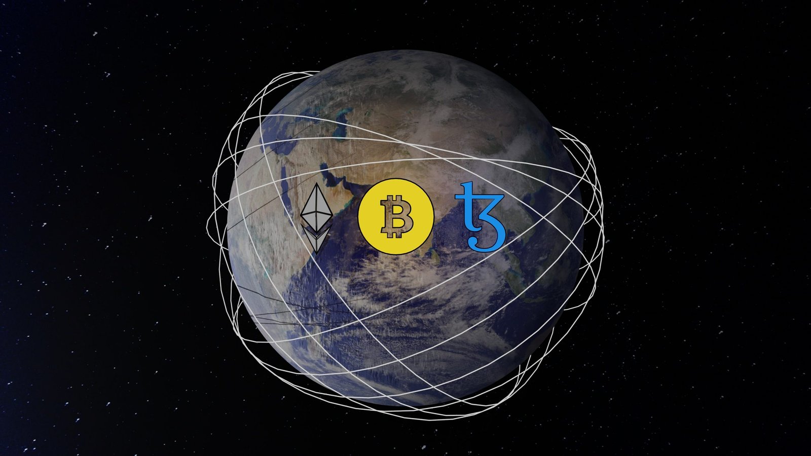 Planet Earth seen from space with lines around it suggesting movement and a range of cryptocurrency logos.